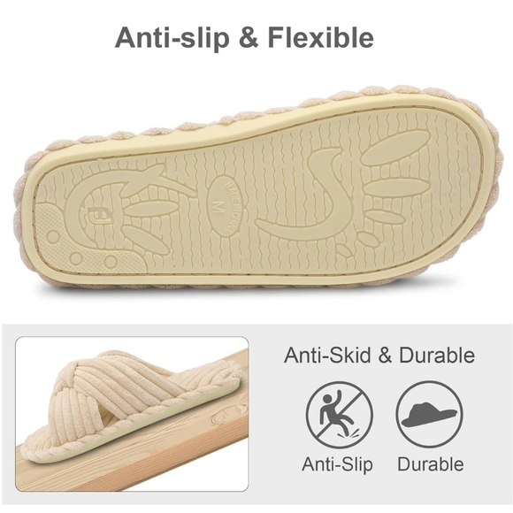 Women's Cross Band Bow Slippers Cozy Open Toe House Shoes Corduroy, BEIGE - Picture 5 of 9